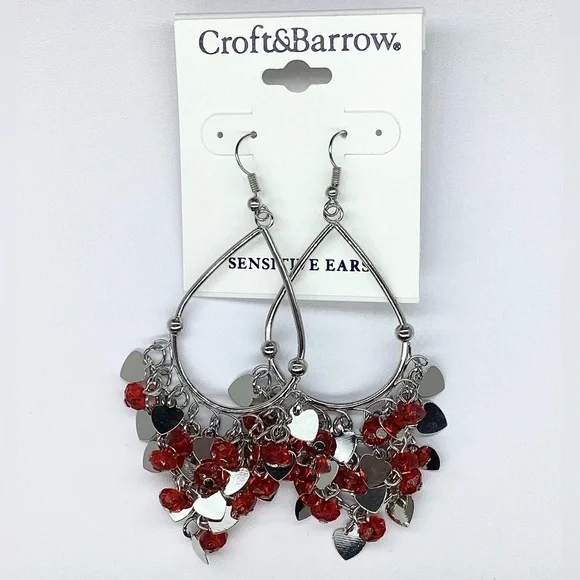 Croft & Barrow Heart Earrings, Red & Silver Hearts Dangles On Silver Tone Hoop - Picture 3 of 3